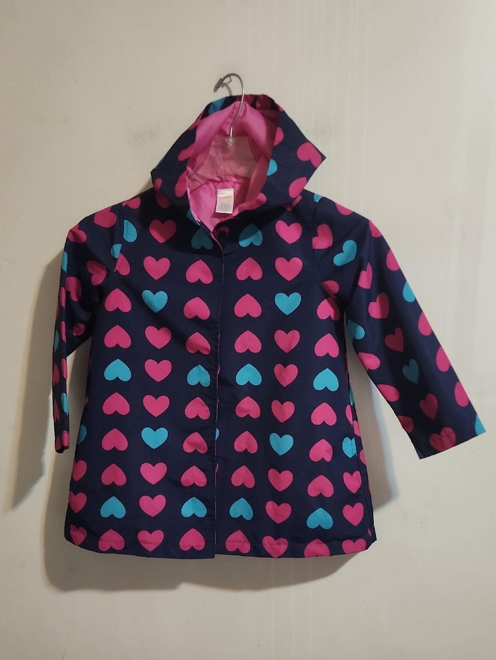 Gymboree Navy Raincoat with Pink and Teal Hearts
